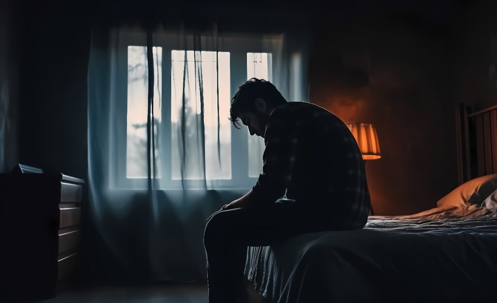 Pessoa em seu quarto escuro sofrendo por depressão, tristeza e vazio emocional.