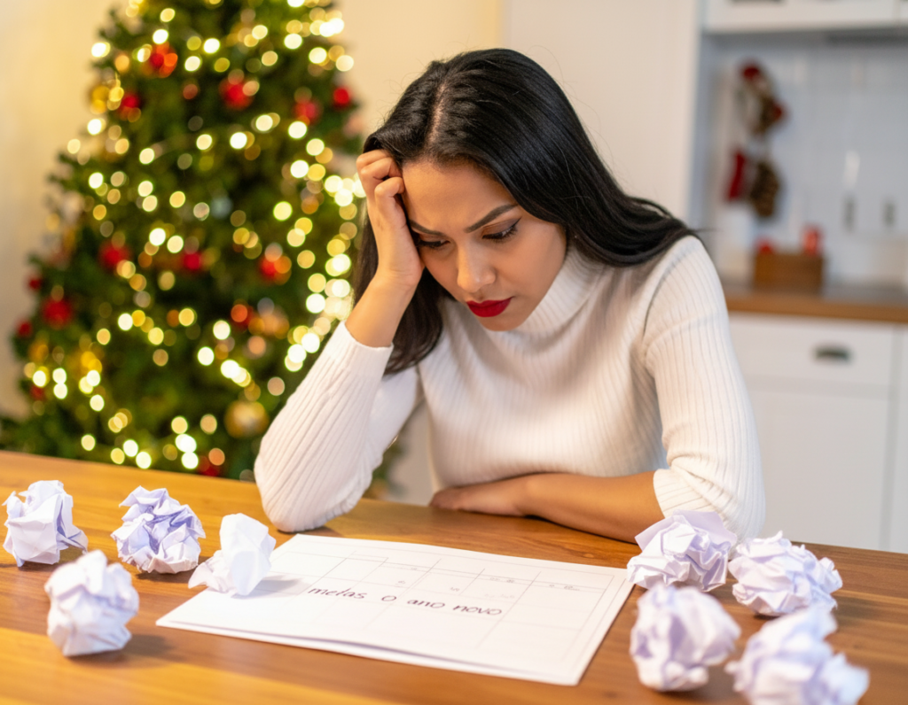 Mulher frustrada com seus planos e metas, olhando para um papel e com varias bolas de papel ao lado. Ao fundo, uma árvore de natal.