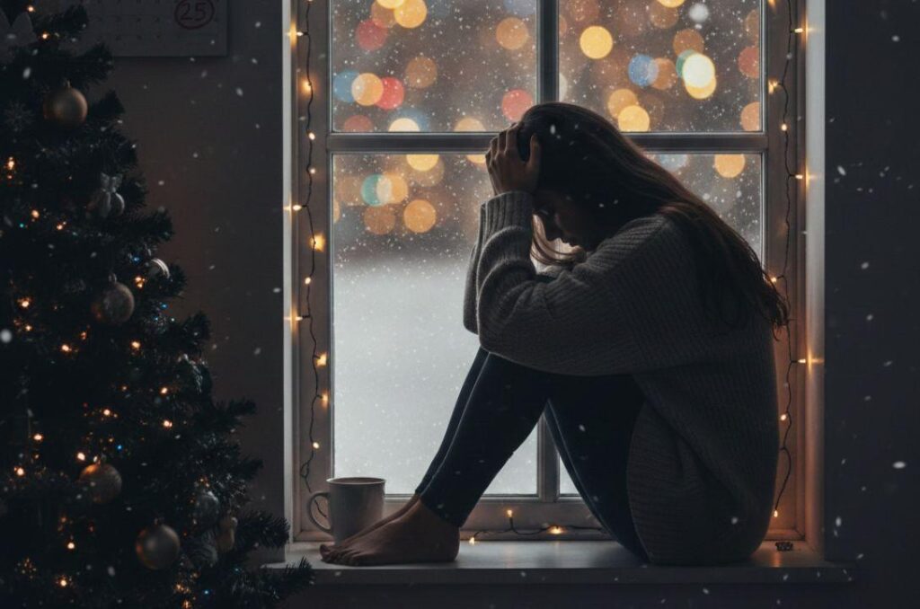 Mulher sentada na janela com as mãos sobre a cabeça, aparentando tristeza, com árvore de natal ao lado e luzes natalinas ao fundo.