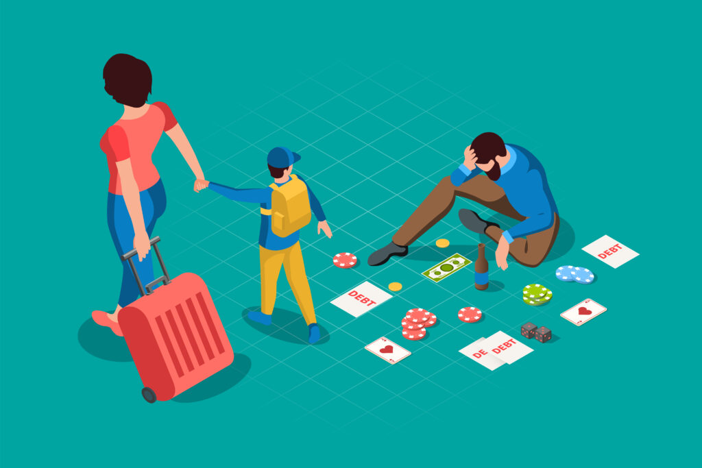 Ilustração que representa uma mulher e uma criança, de malas indo embora, enquanto um homem está sentado no chão, preocupado, com cartas de baralho, fichas de poker, dados e muitas dúvidas, representando um sofrimento emocional grande, perdendo a sua família mas sem consegur largar os jogos e apostas.
