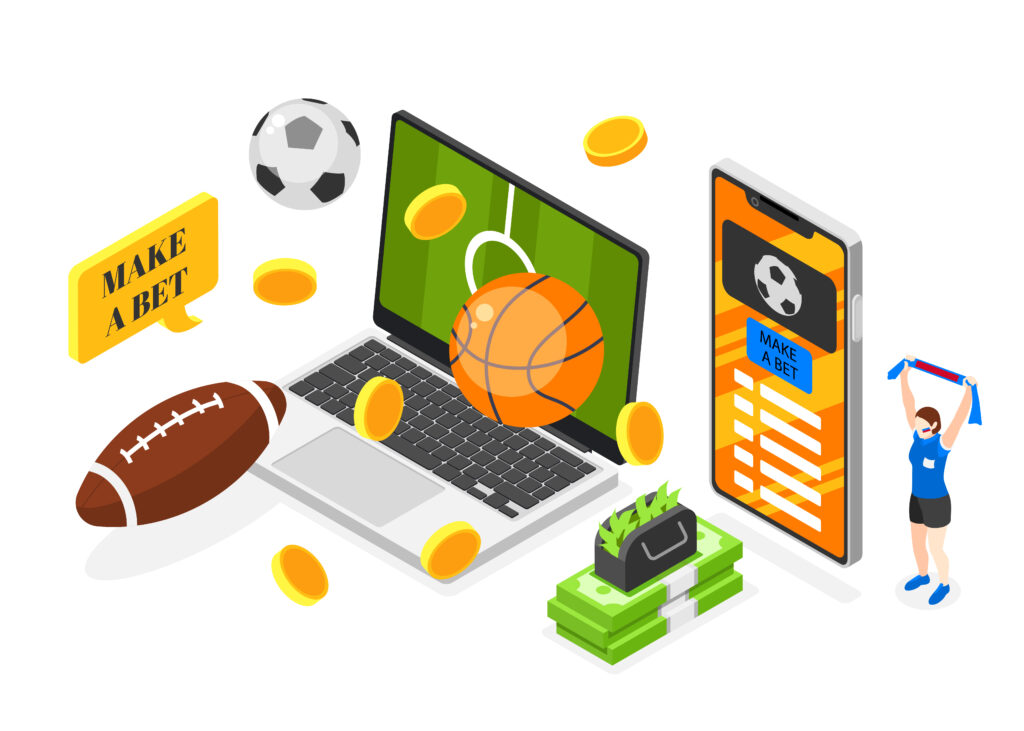 Ilustração com um notebook mostrando um campo de futebol, um celular com um app de apostas, e no ambiente moedas, notas de dinheiro, bolas de futebol, basquete e futebol americano, e uma atleta.
