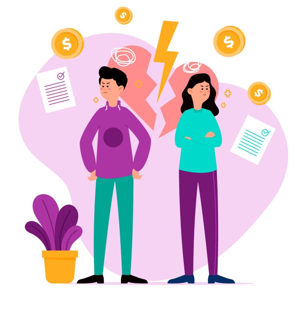 Ilustração que representa o divórcio ou separação conjugal, através um homem e uma mulher, com um coração partido ao meio, contratos assinados e dinheiro sendo perdido e dividido.