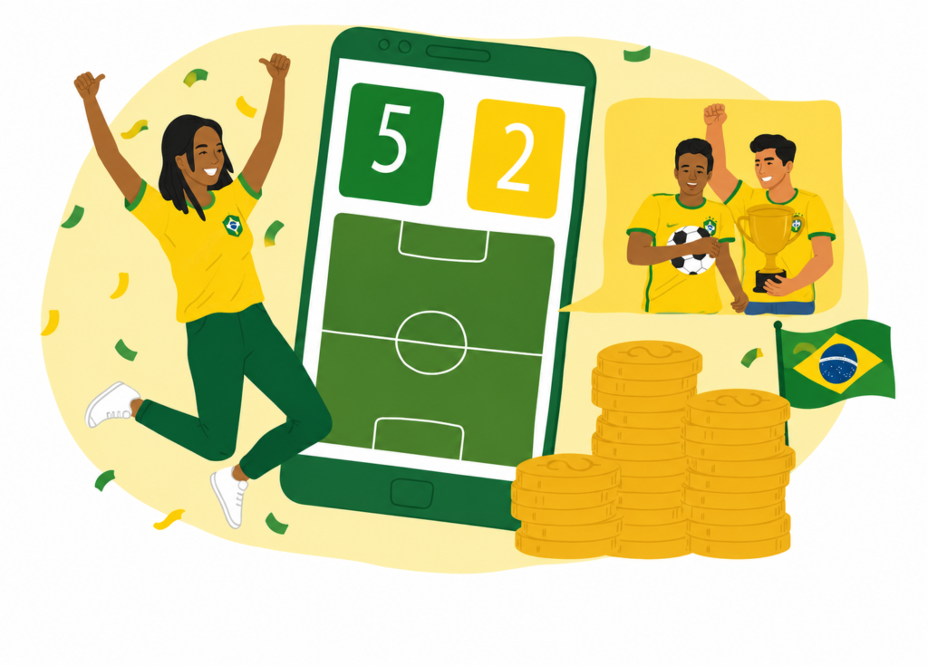 Torcedora comemorando vitória do Brasil na copa do mundo, apresentando um placar de 5x2 e muitas moedas.