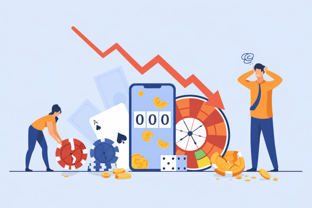 Ilustração representando o ciclo do jogo patológico, em que a pessoa continua jogando, mesmo perdendo dinheiro e tendo resultados ruins
