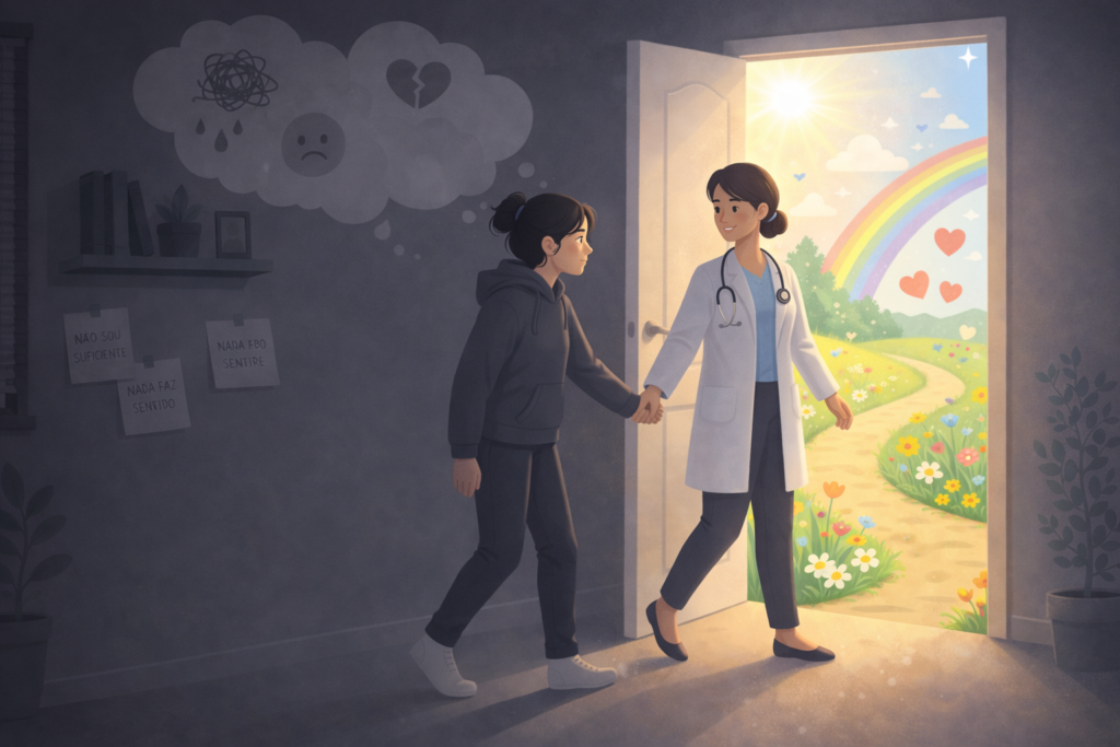 Ilustração em que há duas mulheres, uma delas está em uma sala escura com pensamentos tristes, a outra mulher representa uma médica psiquiatra, levando a outra pela mão para um ambiente externo colorido, com flores e arco-íris, representando como a psiquiatria pode ajudar