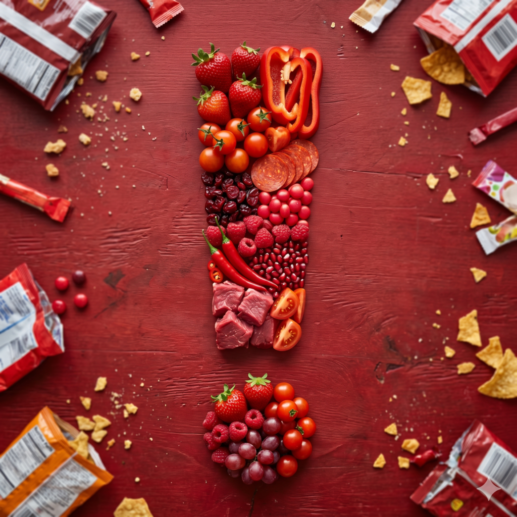 Diversos alimentos sobre uma mesa de madeira vermelha, ao centro da imagem, diversos alimentos estão reunidos formando um ponto de exclamação, as cores dos alimentos são majoritariamente tons de vermelho e laranja.