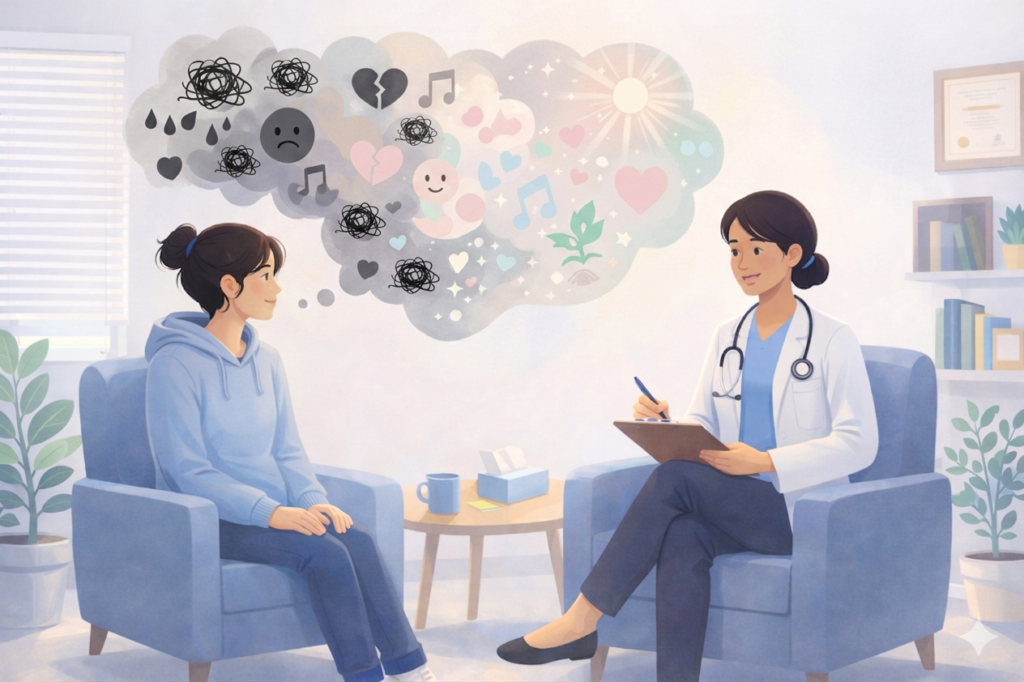 Ilustração de uma moça, e uma psiquiatra no consultório médico, em que a moça apresenta uma nuvem de pensamentos, sendo alguns negativos, sem cor, e outros positivos, com cor, demonstrando o progresso e melhora através do tratamento.