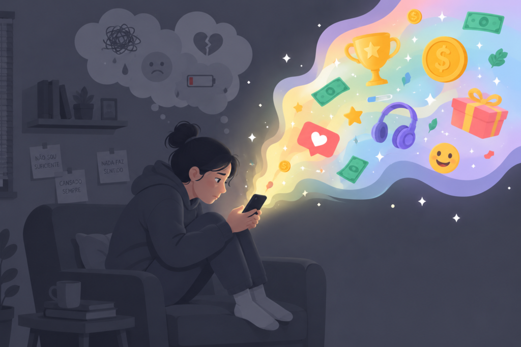 Ilustração de uma moça, vestida de cinza, em um ambiente cinza, com pensamentos de tristeza, coração partido, falta de energia e confusão mental, olhando para o celular. Do celular, sai uma nuvem de boas promessas, como corações, música, presentes, alegreia, troféus e dinheiro. A ilustração representa a tentativa de aliviar as emoções difíceis através do celular como forma de escapar dos próprios problemas e buscar por satisfação temporária.