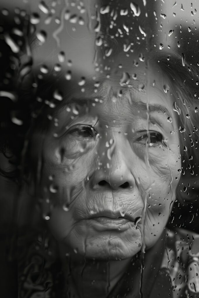 Uma senhora idosa oriental, olhando por uma janela com gitas de chuva, olhar triste e lágrimas nos olhos