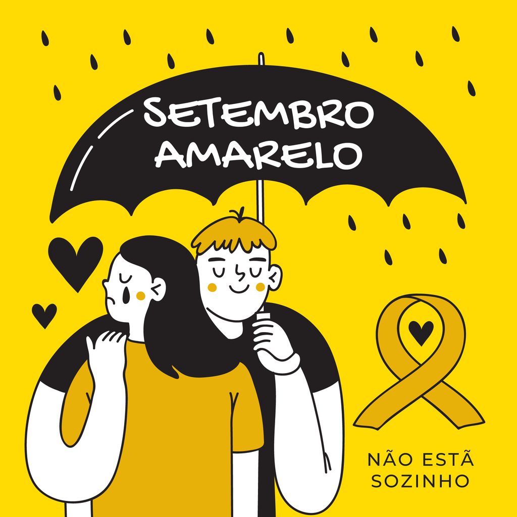 Imagem ilustrativa com as cores predominantes amarelo preto branco e laranja, em que há duas pessoas se abraçando sob a chuva, uma chorando e a outra a consolando, e ambos sendo protegidas por um guarda-chuva escrito "setembro amarelo". No canto inferior direito da imagem, há um laço amarelo escrito "não está sozinho".