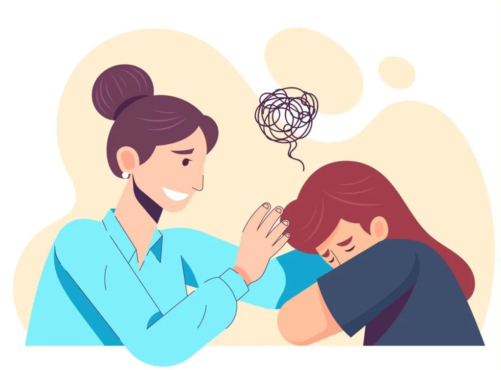 Imagem ilustrativa em que uma pessoa acolhe e conforta outra pessoa que está triste e confusa